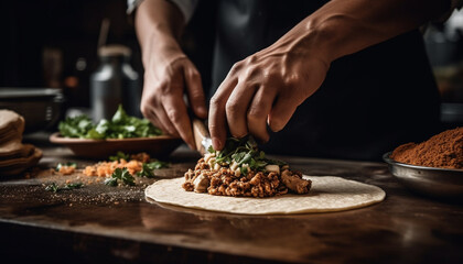 Chef hand prepares rustic homemade dessert slice generated by AI