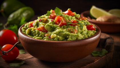 Fresh guacamole dip with organic vegetables and spices generated by AI