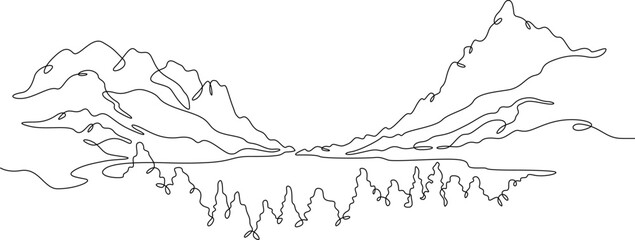 The most beautiful landscape. Wild nature. Wonderful lakes. High mountains. Vast forests. One continuous line. Linear.One continuous line drawn isolated, white background. - obrazy, fototapety, plakaty