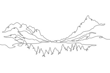 The most beautiful landscape. Wild nature. Wonderful lakes. High mountains. Vast forests. One continuous line. Linear.One continuous line drawn isolated, white background.