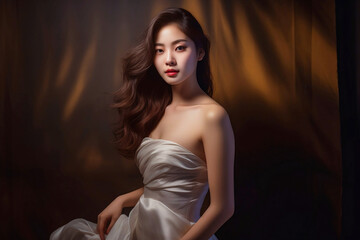 Naklejka premium a photo of a gorgeous Korean Asian young lady in modern beautiful white colors wedding dress, in indoor studio lighting and settings, generative ai