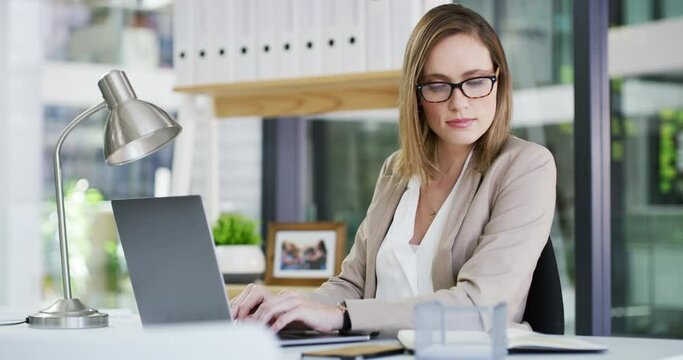 Laptop, notebook and business woman reading research summary, journal info or daily calendar schedule. Typing, office work or personal assistant, secretary or person check company appointment planner