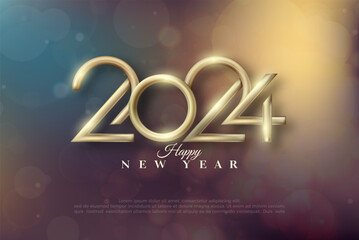 New year number 2024 gold. With a colorful bokeh background. Vector premium background happy new year 2024 for poster, banner, background.