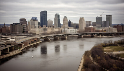 Modern city skyline reflects on waterfront at dusk generated by AI