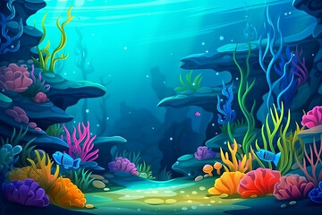 Fototapeta na wymiar Underwater sea bottom background with coral reef. Deep blue ocean undersea landscape. Cartoon style digital illustration. AI Generative