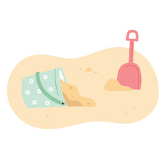 Cartoon cute bucket and shovel on the sand beach © Mila Dobraya