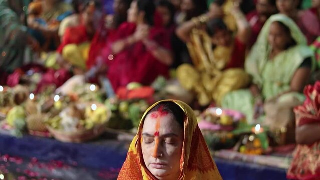 devotee doing holy rituals at festival from different angle video is taken on the occasions of chhath festival which is used to celebrate in north india on Oct 28 2022.