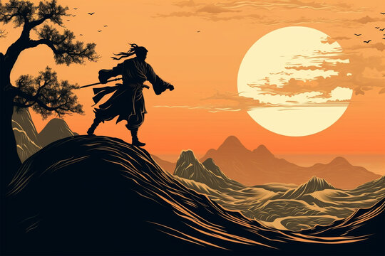 Generative AI.
background illustration of a ninja on top of a cliff