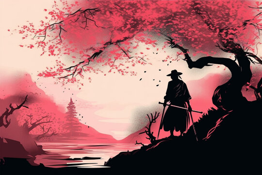 Generative AI.
background illustration of a samurai under a cherry tree