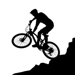 Obraz na płótnie Canvas Silhouette vector illustration of downhill racer doing stunts. Suitable for design element of off road cycling, downhill race, and extreme sport.