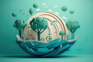Paper art , Ecology and world water day , Saving water and world Environment day , Environmental protection and save earth water , Created with generative AI