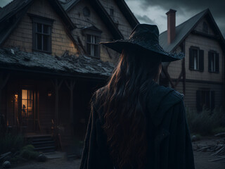 Witch in black clothes near old dark wooden house. Halloween background. AI generated