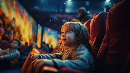 Obraz premium Photo of a girl watching an exciting movie in a dark cinema.