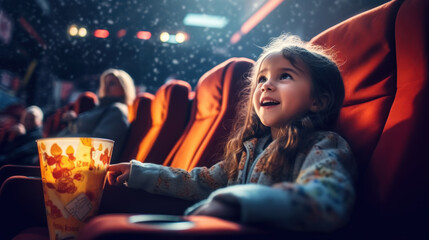 Photo of a girl watching an exciting movie in a dark cinema. - obrazy, fototapety, plakaty