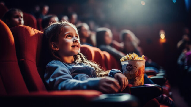 Photo of a girl watching an exciting movie in a dark cinema.