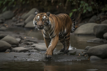 Fototapeta na wymiar a Sumatran tiger walking on a rocky river