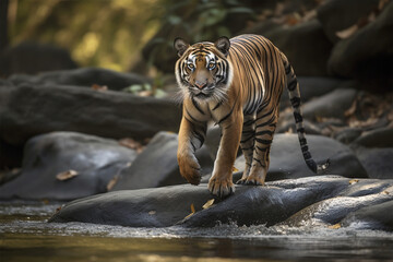 a Sumatran tiger walking on a rocky river