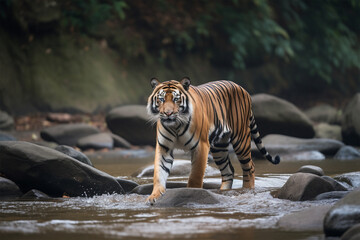 Fototapeta na wymiar a Sumatran tiger walking on a rocky river