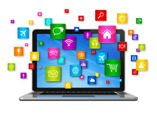 Laptop Computer and flying apps icons