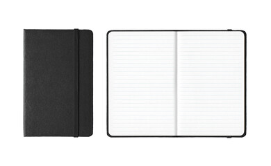 Black closed and open lined notebooks isolated on transparent background