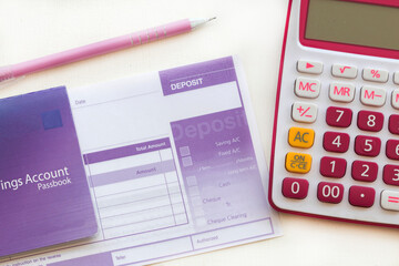 withdraw, passbook bank for deposit for business work arrangement flat lay style on background...