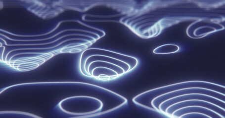 Abstract blue futuristic hi-tech landscape with mountains and canyons from glowing energy circles and magic lines background
