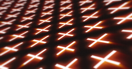 Abstract orange pattern of glowing geometric crosses pluses futuristic hi-tech black background