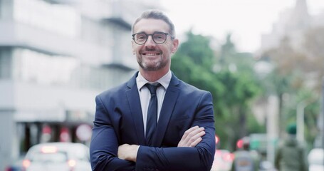 Business, happy man and face with arms crossed in city for pride, professional commitment and corporate confidence. Portrait, entrepreneur and mature male CEO in town with suit, smile and New York