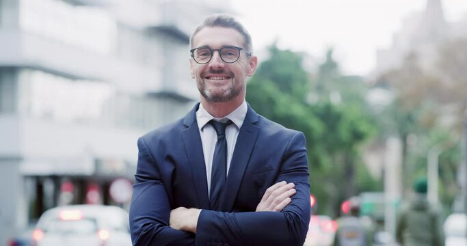 Business, happy man and face with arms crossed in city for pride, professional commitment and corporate confidence. Portrait, entrepreneur and mature male CEO in town with suit, smile and New York