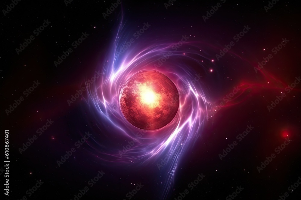 Poster solar system in space with stars and nebula. 3d rendering, beautiful neutron star explosion with gam