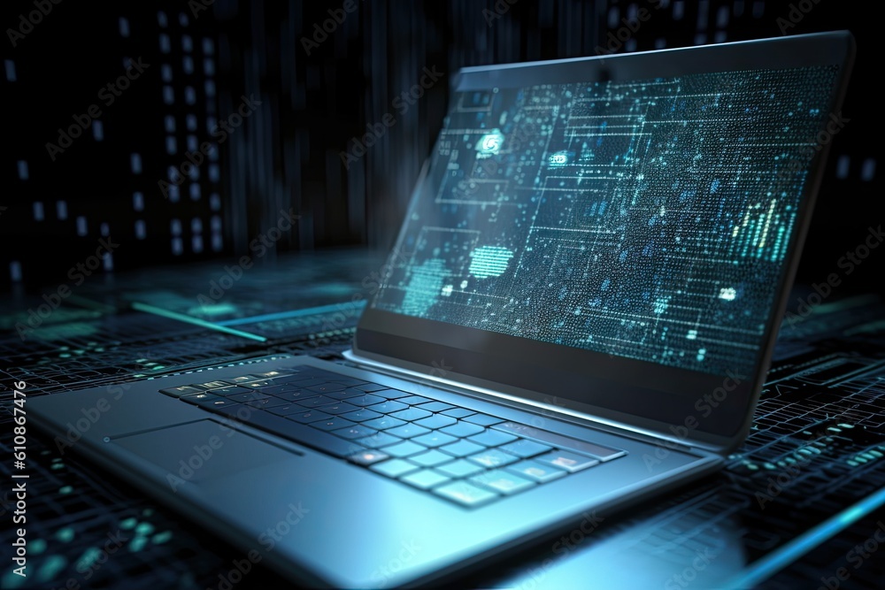 Poster laptop and binary code on a dark background. 3d rendering, big data technology background. using a l