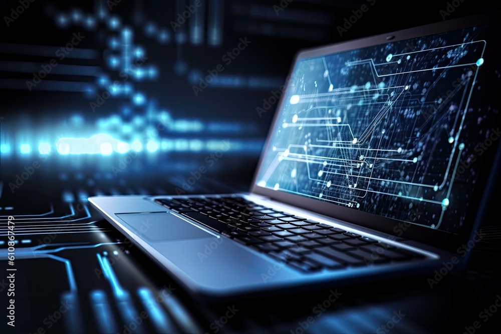 Poster close up of laptop against blue background with binary code. 3d rendering, big data technology backg