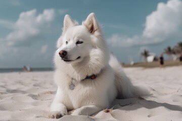 Beautiful Samoyed dog lying on the sand on the beach, Beautiful white American Eskimo Dog sitting on the beach, AI Generated