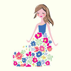 Obraz na płótnie Canvas fashion girl in floral dress concept. watercolour sketch illustration 