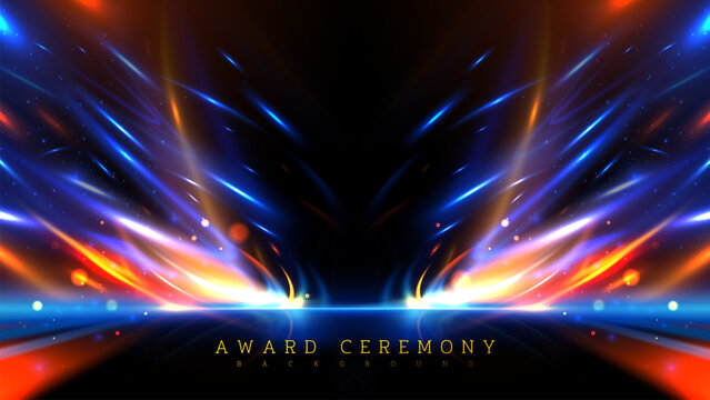 Blue curve  light overlap gold ray motion effects on black background with bokeh decorations.