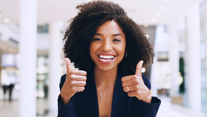 Thumbs up, yes and happy business black woman doing thank you gesture, sign and excited for company success. African, goal and portrait of a corporate or professional employee in agreement with smile