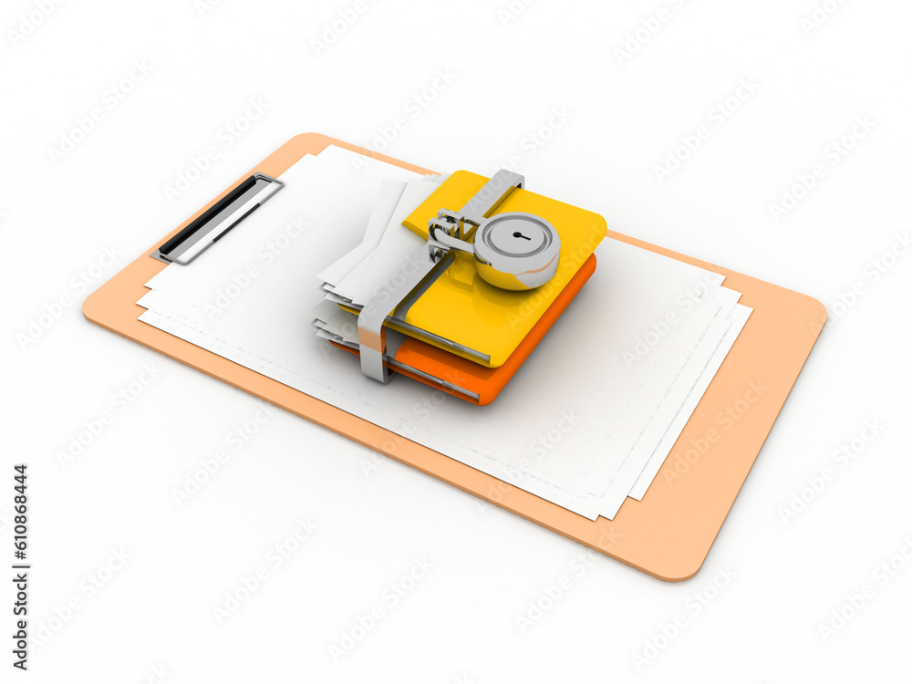 Poster 3d rendering yellow folder and lock. data security concept