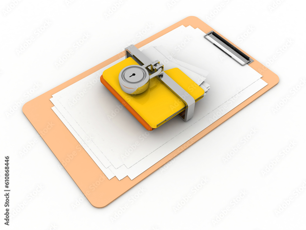 Poster 3d rendering yellow folder and lock. data security concept