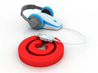 
3d illustration copyright symbol with mouse connected headphone