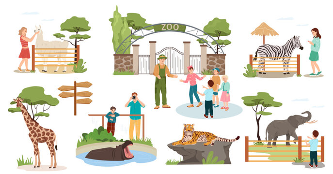 Zoo landscape elements. Cartoon set of happy kids with parents looking at different animals in the zoo. Zoological park collection. Flat vector illustration isolated on white background
