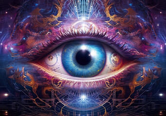 Mystical all-seeing cosmic eye in vibrant blue and purple colours.