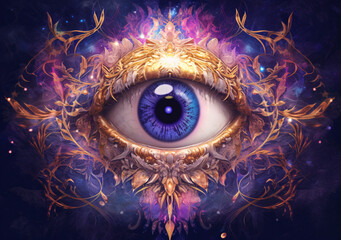 Artistic illustration of the cosmic all-seeing eye with decorated eyelids. 