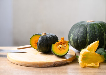 Green pumpkin prepare for cooking, Organic vegetable