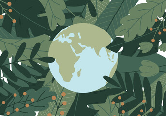 Planet Earth with frame of tropical green leaves. Globe vector illustration on floral eco background. The concept of saving nature