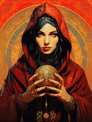 A fortune teller wearing a red cloak, holding a crystal ball. - obrazy, fototapety, plakaty
