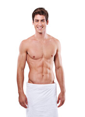 Fototapeta premium Body muscle, portrait and man in towel standing isolated on a transparent png background. Cleaning, skincare or smile of fitness model with strong abs after exercise, workout or training for wellness
