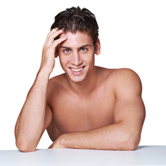 Fototapeta premium Beauty, smile and portrait of man with skincare due to cosmetic grooming isolated in a transparent or png background. Skin, care and happy young person or model for wellness and cosmetics glow