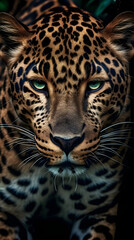 Fototapeta na wymiar Intense Gaze: Closeup Portrait of a Leopard's Face. Created with generative AI technology