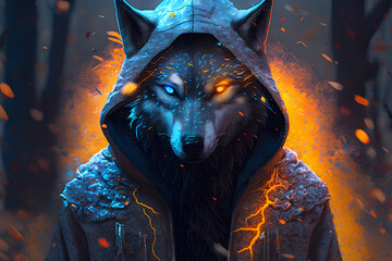 A wolf with hoodie with half ice and half fire, Generative ai