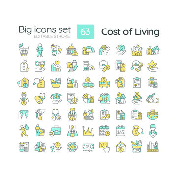 Cost of living RGB color icons set. Money expense. Price index. Basic need. Personal finance. Economic crisis. Isolated vector illustrations. Simple filled line drawings collection. Editable stroke